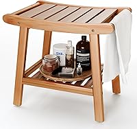 LEJANEOYE Bamboo Shower Bench Stool with Storage Shelf - Waterproof, Ergonomic Seat for Elderly, Seniors, Disabled, Pregnancy - 350 lbs Stable Support