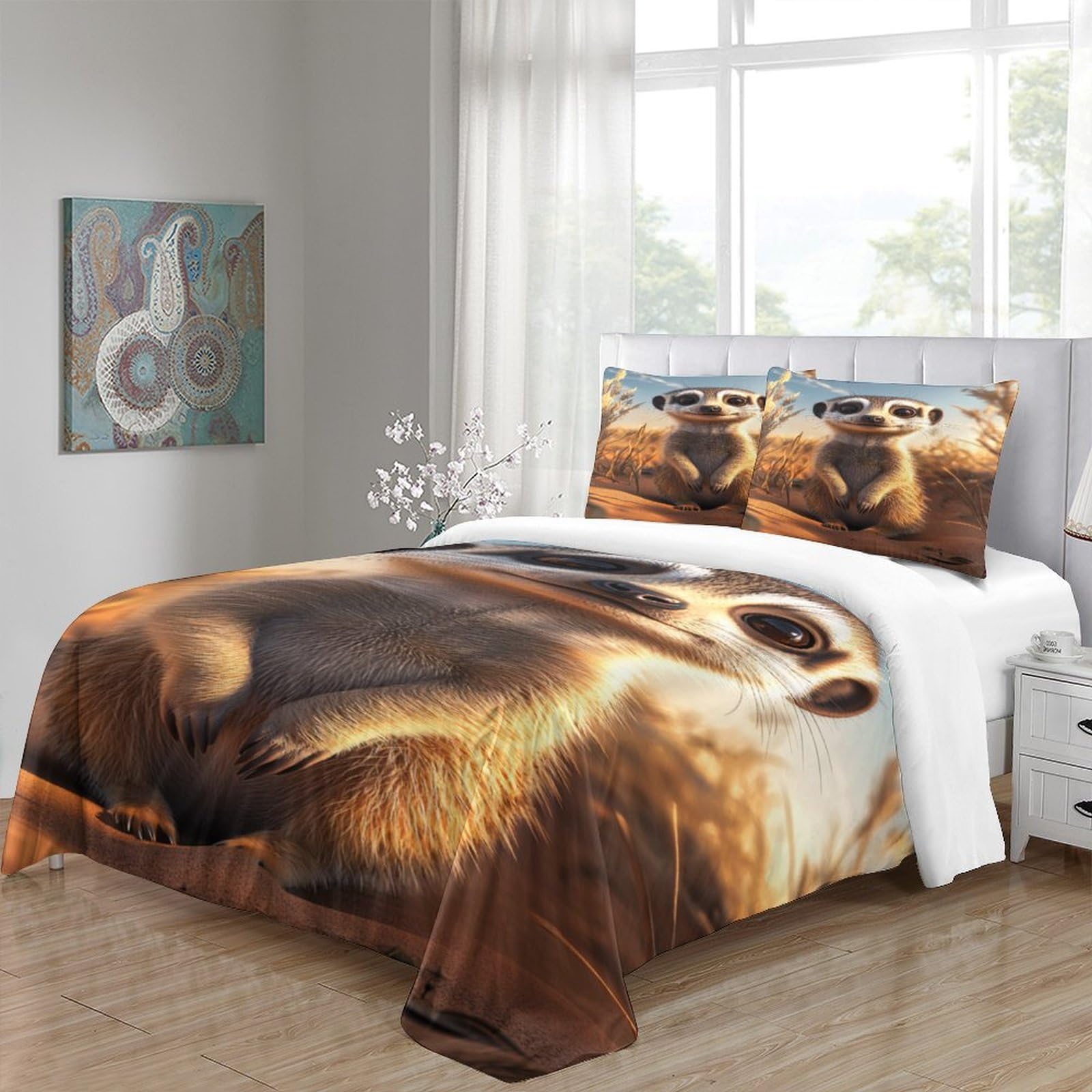Suricato carino 3D Stampa Coperta Letto 3pz Microfibra Resistente Fumetto digitale Coperteletto 2 federe Traspirante Arredo Camera Adulti Super king（260x220cm）