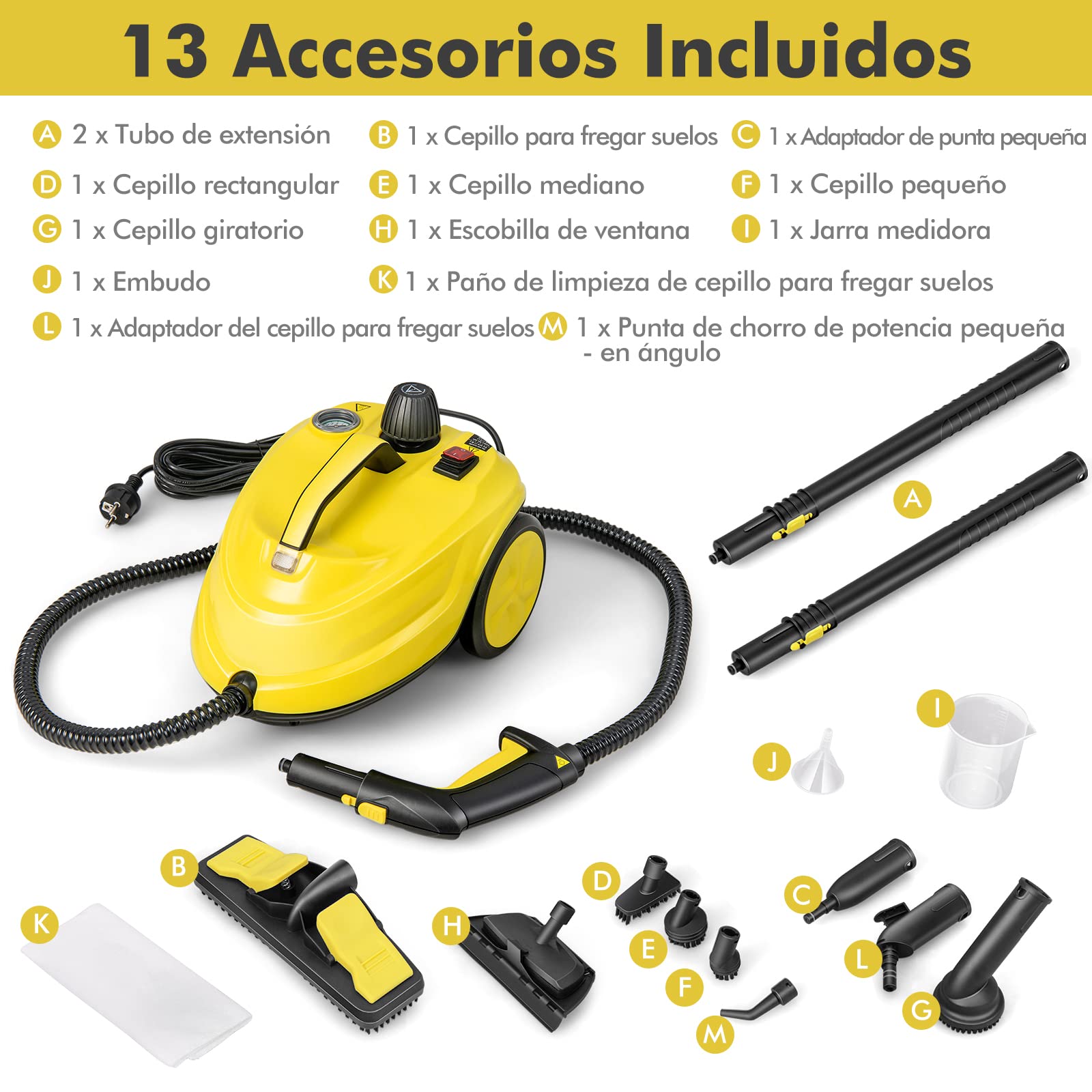 GOPLUS Limpiador a Vapor de 2000 W, Máquina de Limpieza de 1,8 L de Capacidad de Agua con 15 Accesorios, Escoba de Vapor para Alfombras, Sofá, Vidrio y Manchas Difíciles (Amarillo)