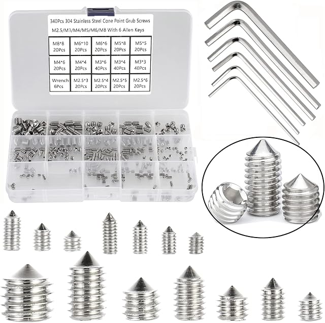 340Pcs M2.5/M3/M4/M5/M6/M8 304 Acier inoxydable Allen tête hexagonale chaussette point Cône ensemble vis, interne hexameneur vis de groupe, pointe pointe sans tête ensemble de vis Kit d'assortiment avec 6 Clés à hexagone