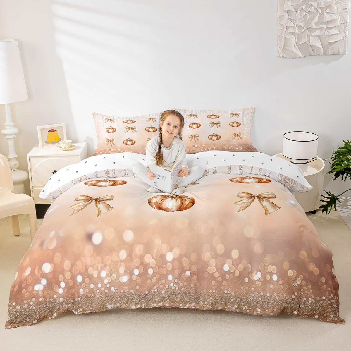 Homewish Święto Dziękczynienia poszewka na kołdrę super king size pomarańczowa dynia kokarda poszewka na kołdrę jesień żniwa zestaw pościeli brokat kokarda zestaw pościeli