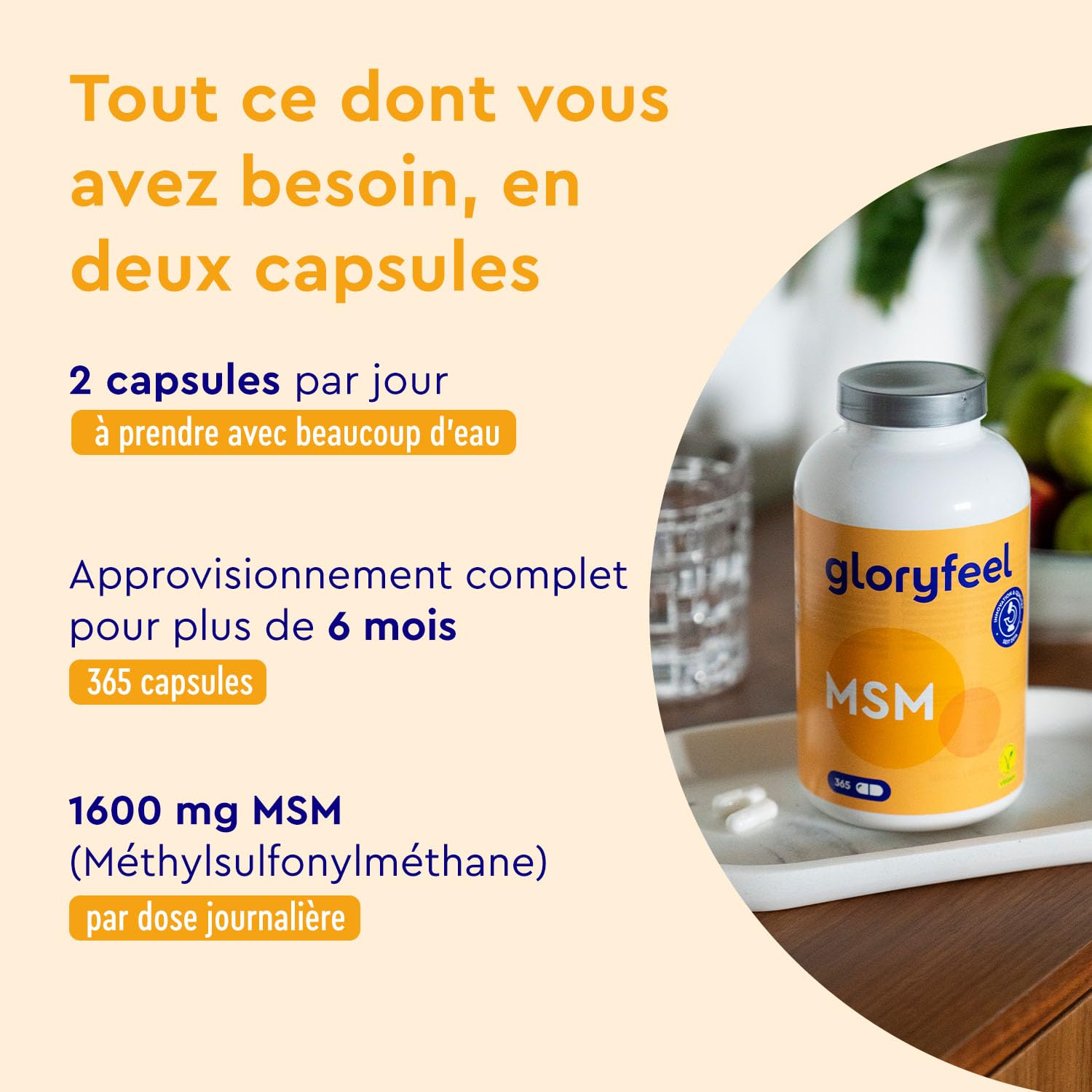 MSM Pur avec 99,9% de Méthylsulfonylméthane (365 Capsules), Soufre MSM Hautement Dosé (1600 mg par dose quotidienne), 100% Végétalien, Sans Additifs, Testé en Laboratoire