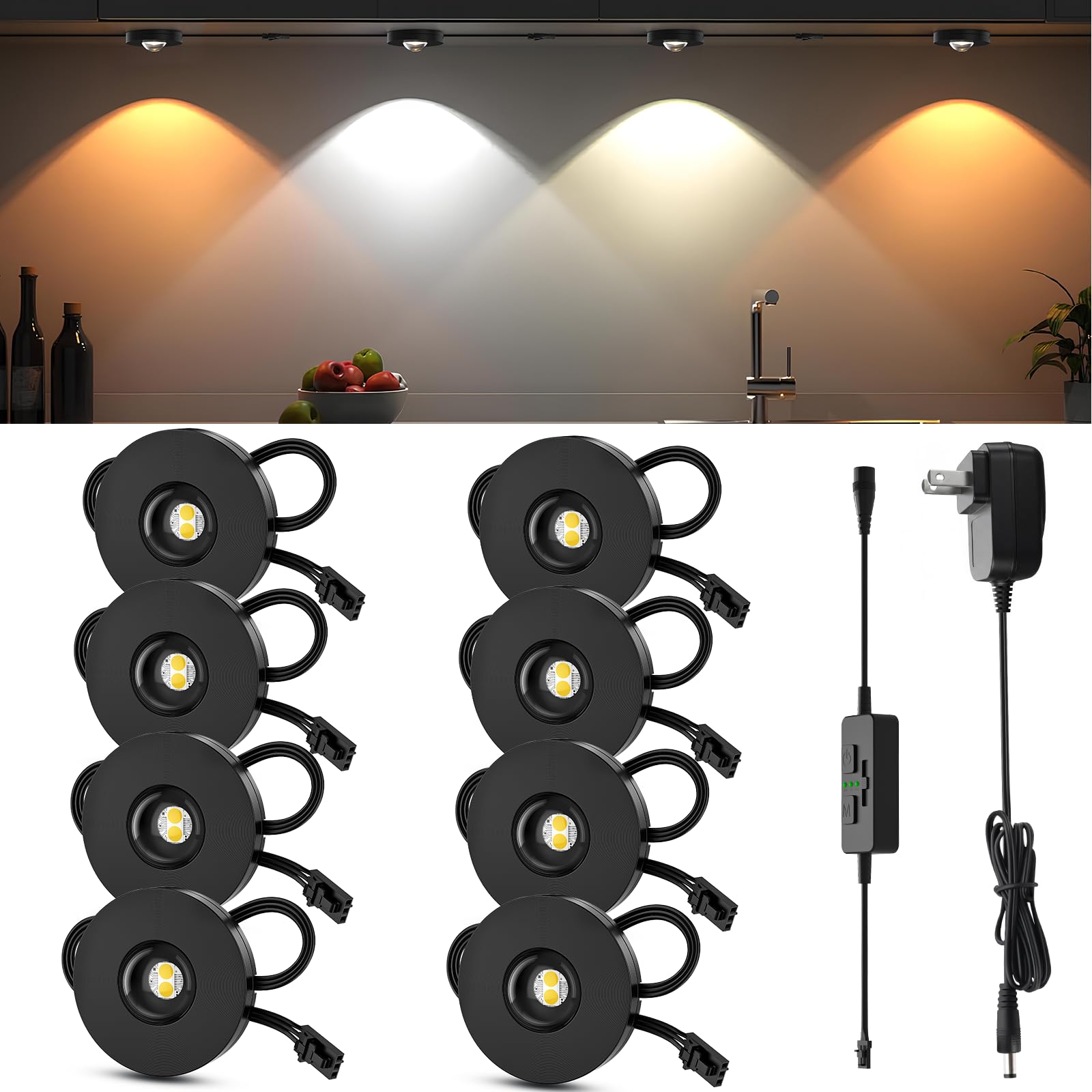AIBOO Under Cabinet Lighting, Timer & CCT 3000-6000K Puck Lights, Dimmable with Slider Controller, Plug-in Counter Lights for Kitchen Cabinet, Display Case, Bookshelf, Closet, Curio Cabinet (Pack, 8)