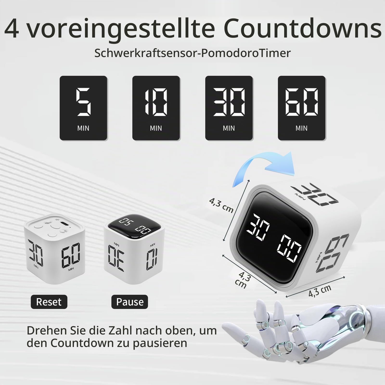 Produktivitätstimer Flip Schwerkraftsensor Würfeltimer Countdown & Countup, Stummschaltung & Vibration & Ton, 5/10/30/60min & benutzerdefinierte Zeit, Perfekt für ADHS, Arbeit, Lernen, Küchenkochen (3