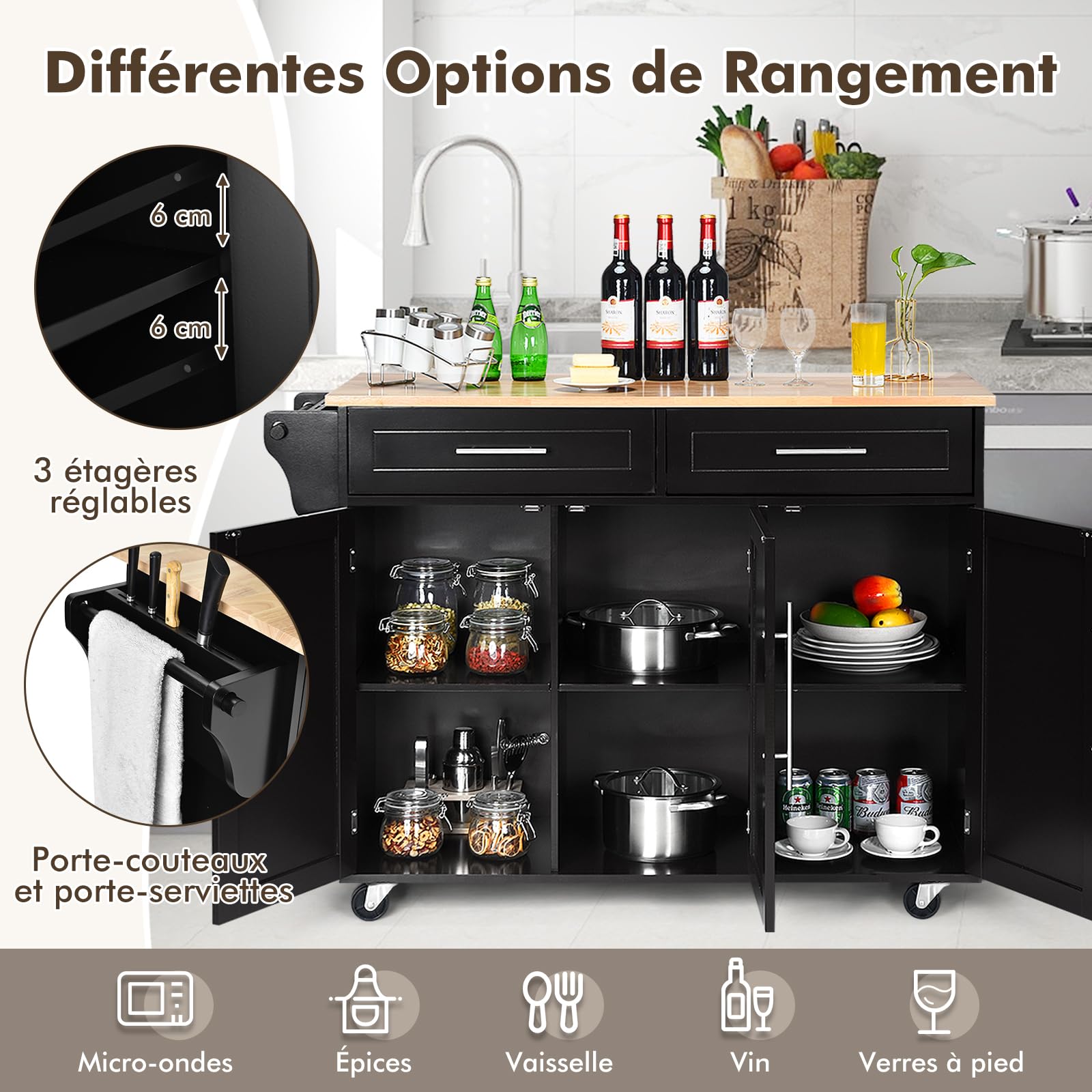 COSTWAY Desserte de Cuisine à roulettes, Chariot de Service Imperméable avec 2 Tiroirs, Étagères Réglables, Porte-Serviettes, Couteau, 3 Portes, Poignée Inoxydable, 46 x 122 x 93 cm, Noir
