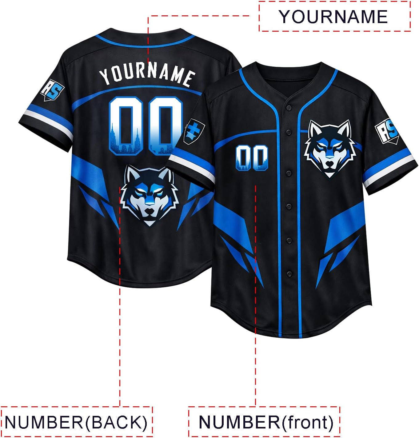 Custom Kids Baseball Jersey with Name & Number – Wolf Design Youth Button-Up Sports Shirt for Boys & Girls - Image 4