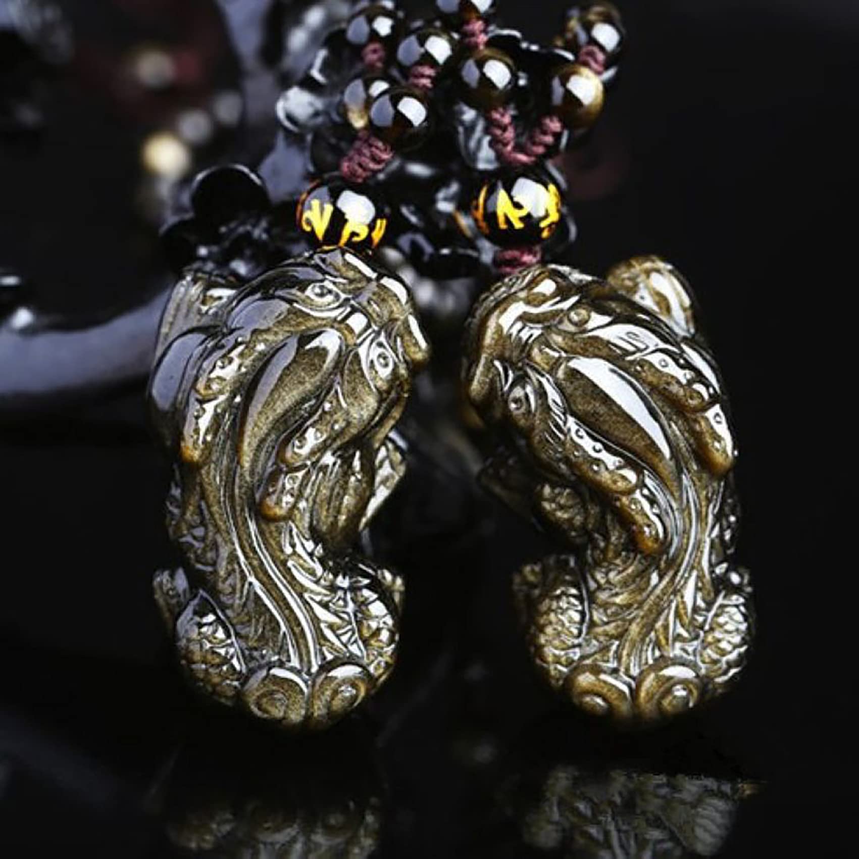collana Feng Shui Fortunato Pixiu Ricchezza Naturale Ossidiana Dorata Ossidiana Nera Collana di Cristallo Protezione Talismano Prosperità Denaro Buona Fortuna for Donna Uomo Gioielli, Corda Normale (