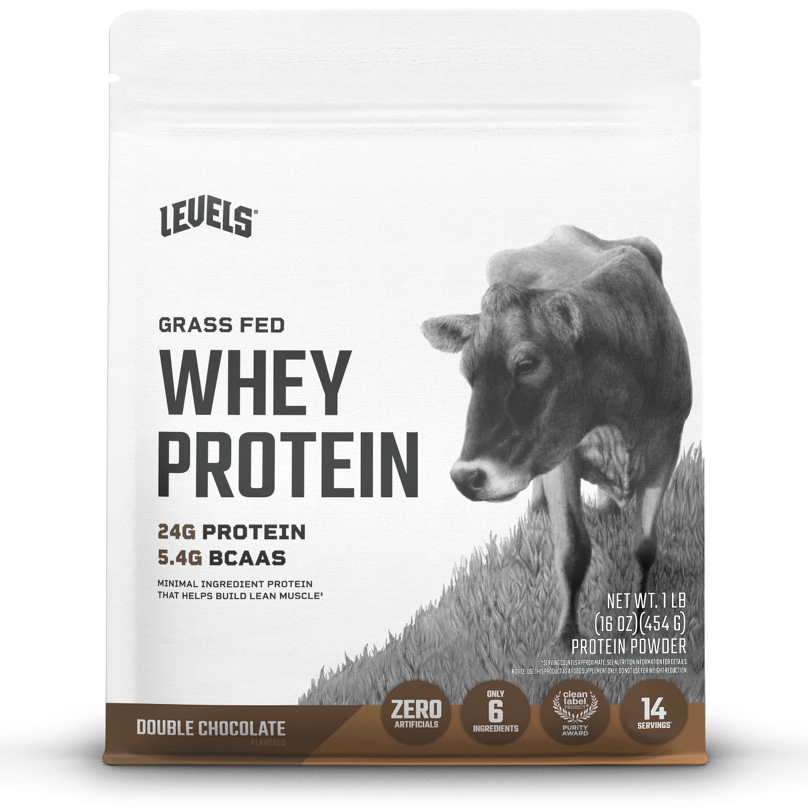 Levels Nutrition Grass Fed 100% Whey Protein, No Hormones, Double Chocolate, 1LB