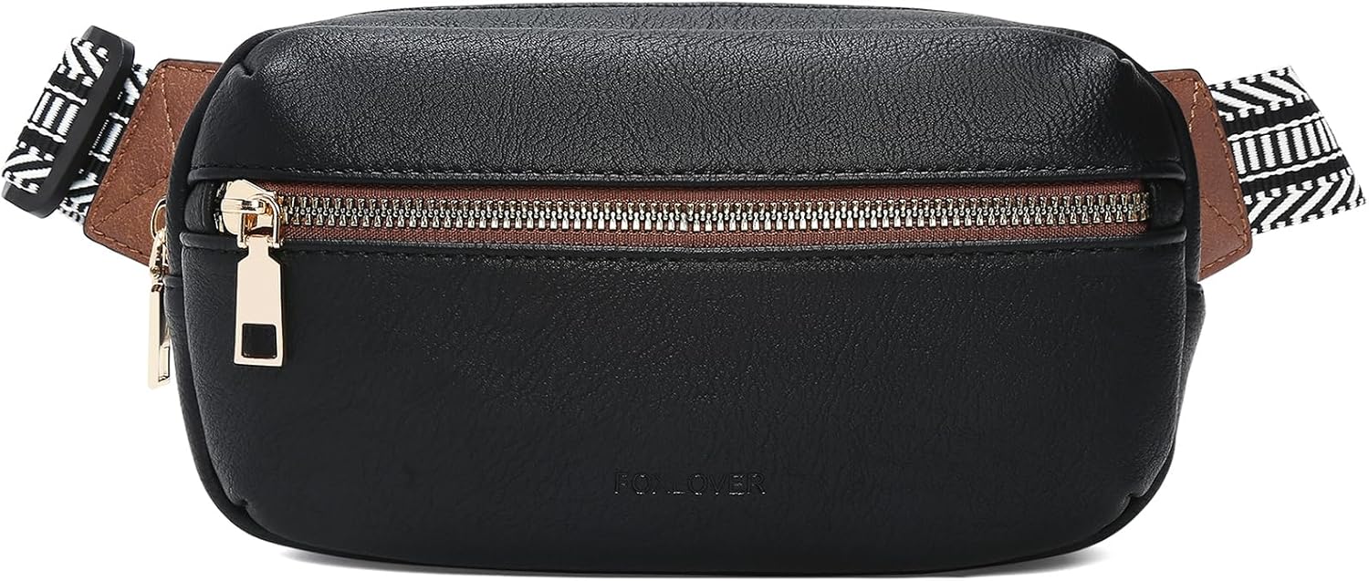 FOXLOVER Small Leather Fanny Packs for Women Waterproof Belt Bag Crossbody Sling Chest Bag Designer Mini Travel Purse(Black)
