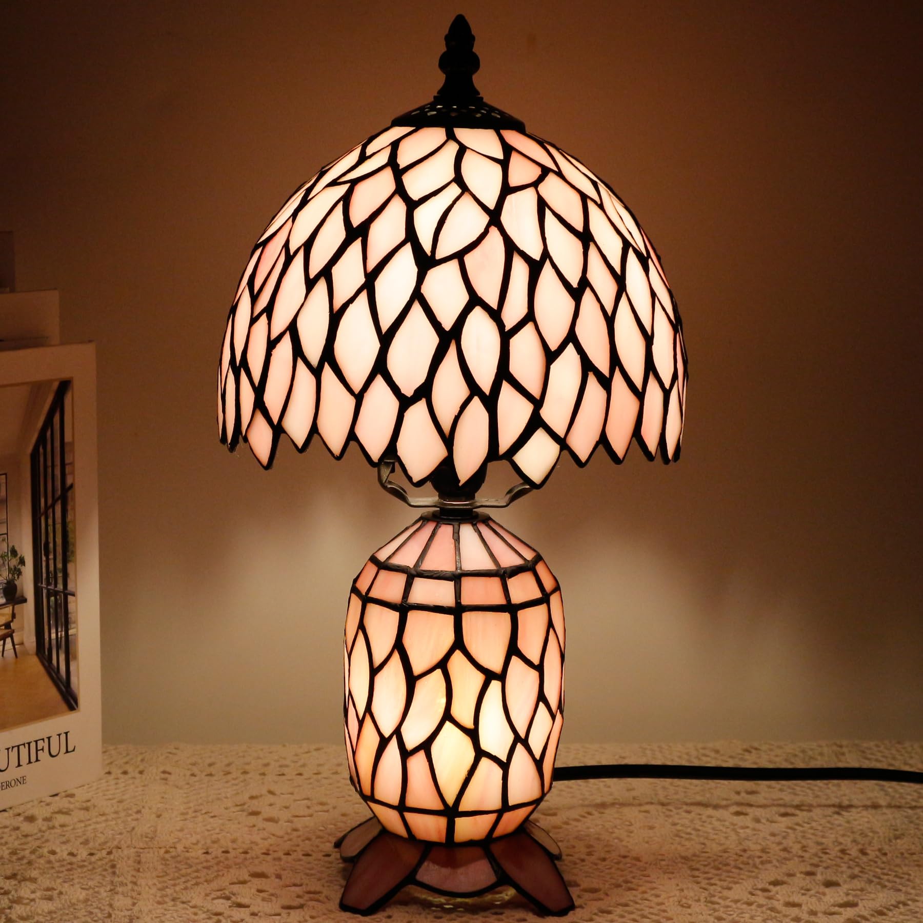 TCODTPOL Small Tiffany Stained Glass Table Lamp 8X14 Inches(Pink Wisteria)
