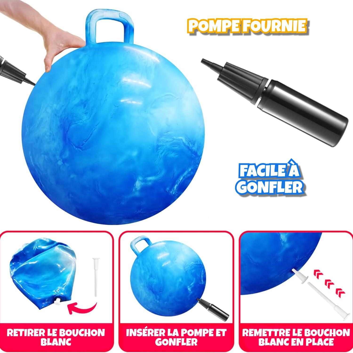 Bedwina Balle Rebondissante pour Enfants – Balle 50,1 cm avec Poignée & Pompe, Jouet Gonflable Durable pour Intérieur/Extérieur, Exercice & Jeu Actif