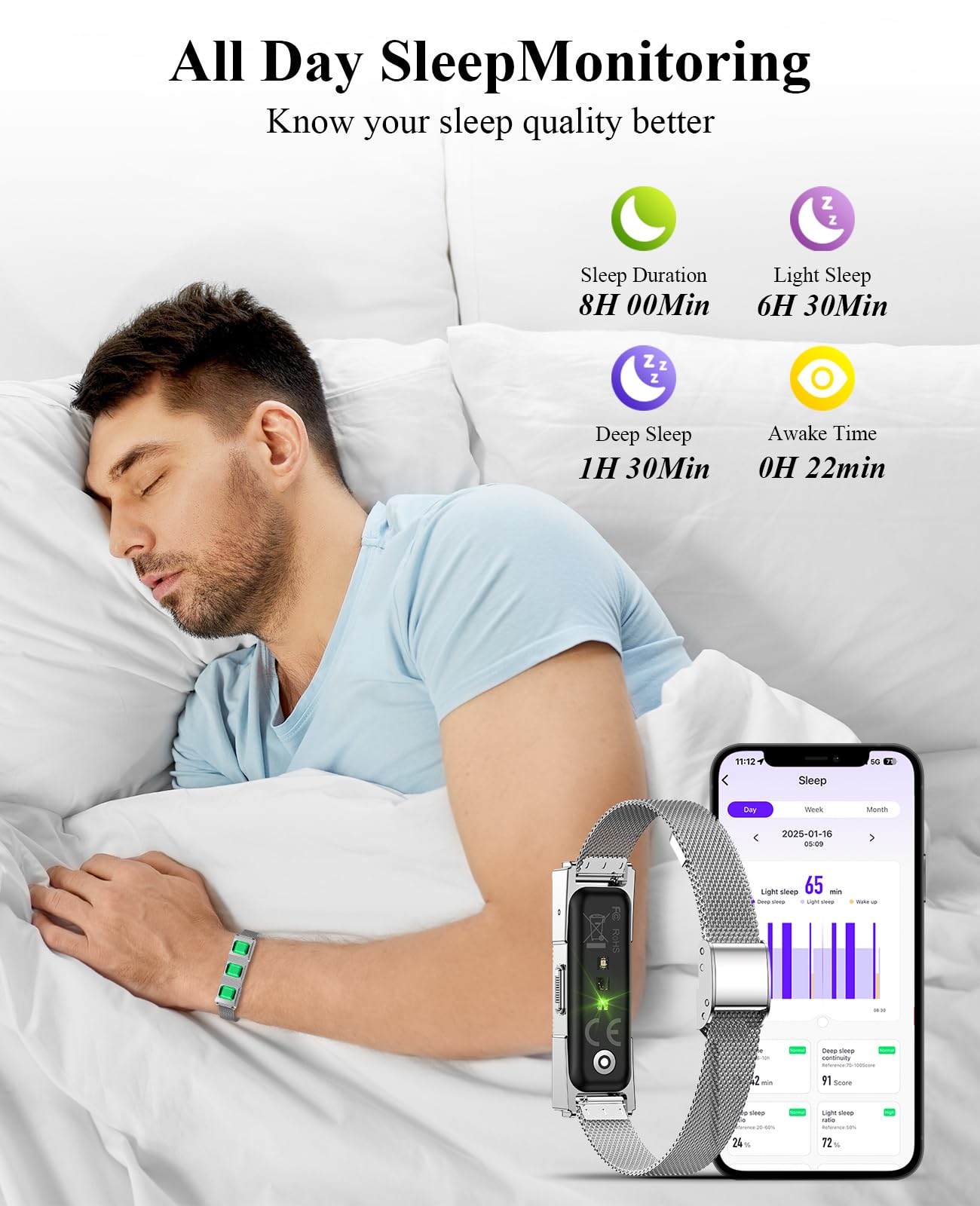 Smart Bracelet, Wearable Activity & Fitness Tracker Band, 24/7 Sleep Tracker, All-Day Continuous Heart Rate Blood Pressure Stress HRV Monitor, 170+ Sport Modes Smart Wristband with 2 Bands, Free APP