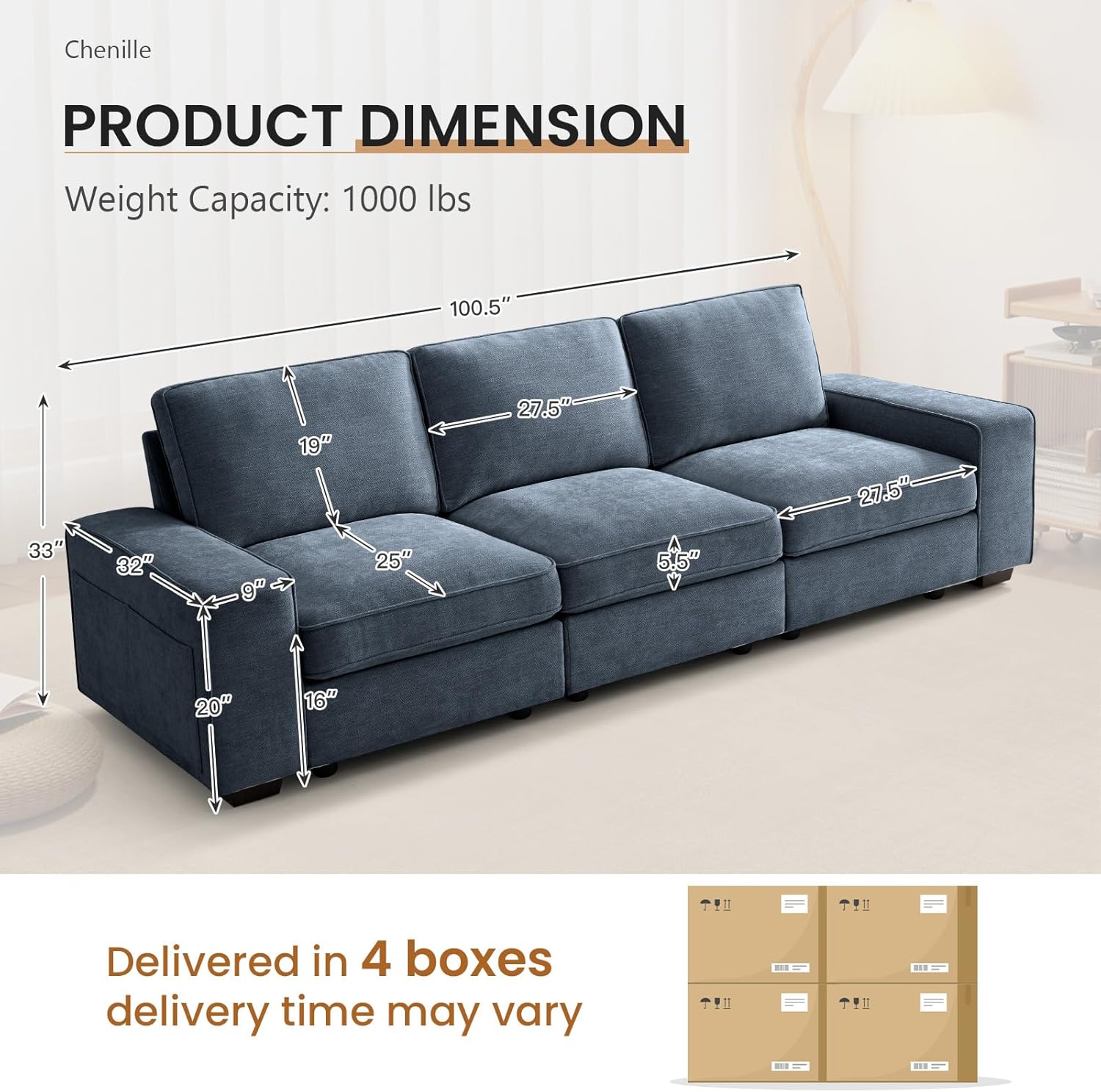 100.5" Modular Sectional Sofa with Seat Storage,Modern Chenille Couch 3 Seater Sofas for Living Room,Extra Wide Armrest,Side Pockets,Washable Cover,Solid Wood Frame,USB & Type-c(Blue)