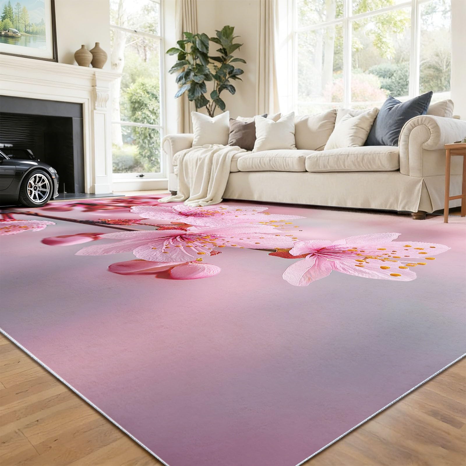 Dywan można prać w pralce, przy wejściu, 160 x 230 cm, akwarelowy styl, gałęzie sakury, dywan antypoślizgowy, różowy biały niski runo, nie gubi włosia, do dekoracji herbaciarni Zen Serenity, wiosenny