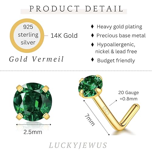 Miniatura 3 de 14k Gold Plated Sterling Silver L Shaped Nose Rings Studs for Women Men 20g, Small L Shape Nose Stud, 20 Gauge Nose Piercing Stud, Hypoallergenic