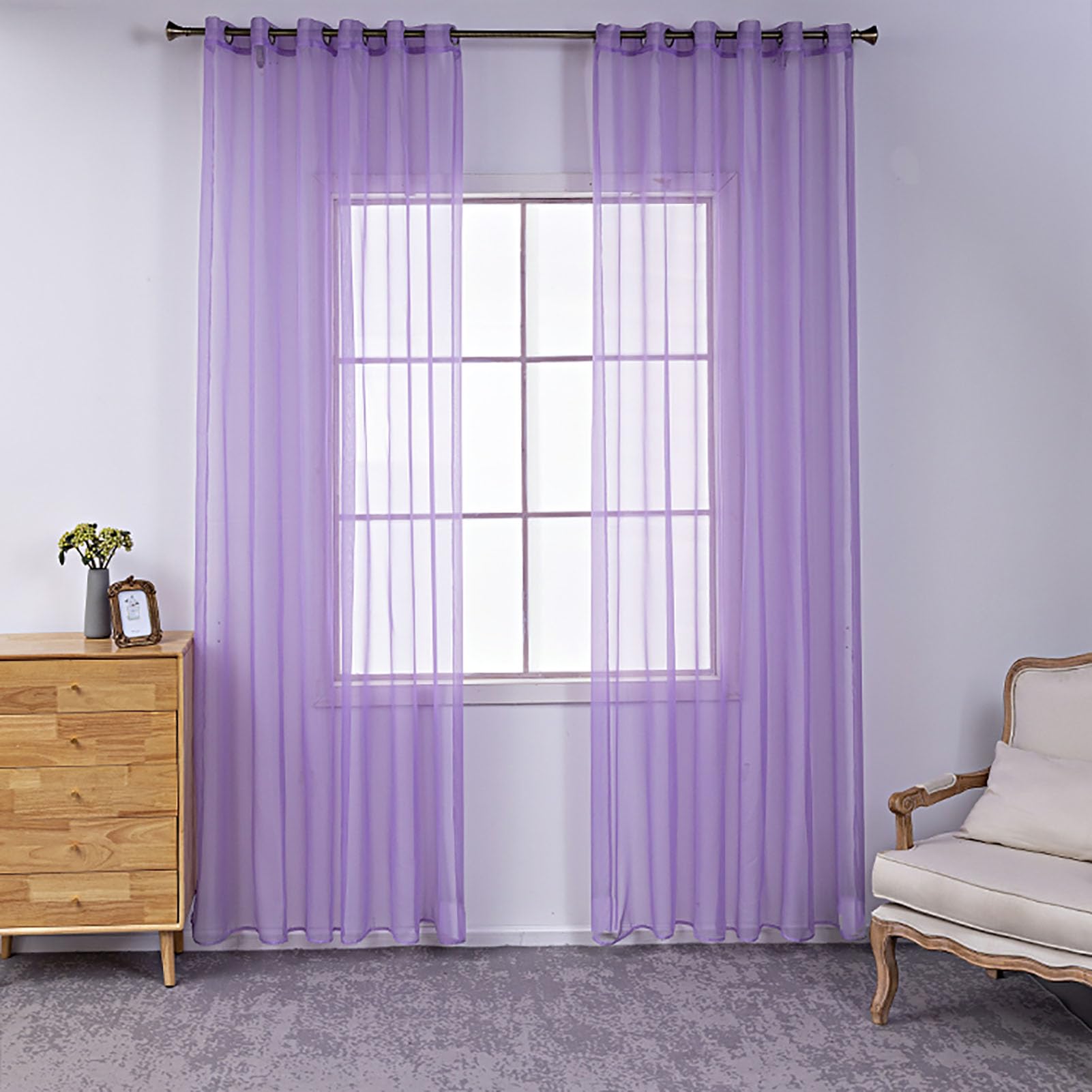 BOYOUTH Solid Color Sheer Voile Curtains,Grommets Window Gauze for Bedroom,Living Room,Hotel,Purple,2 Panel,52 x 84 Inches