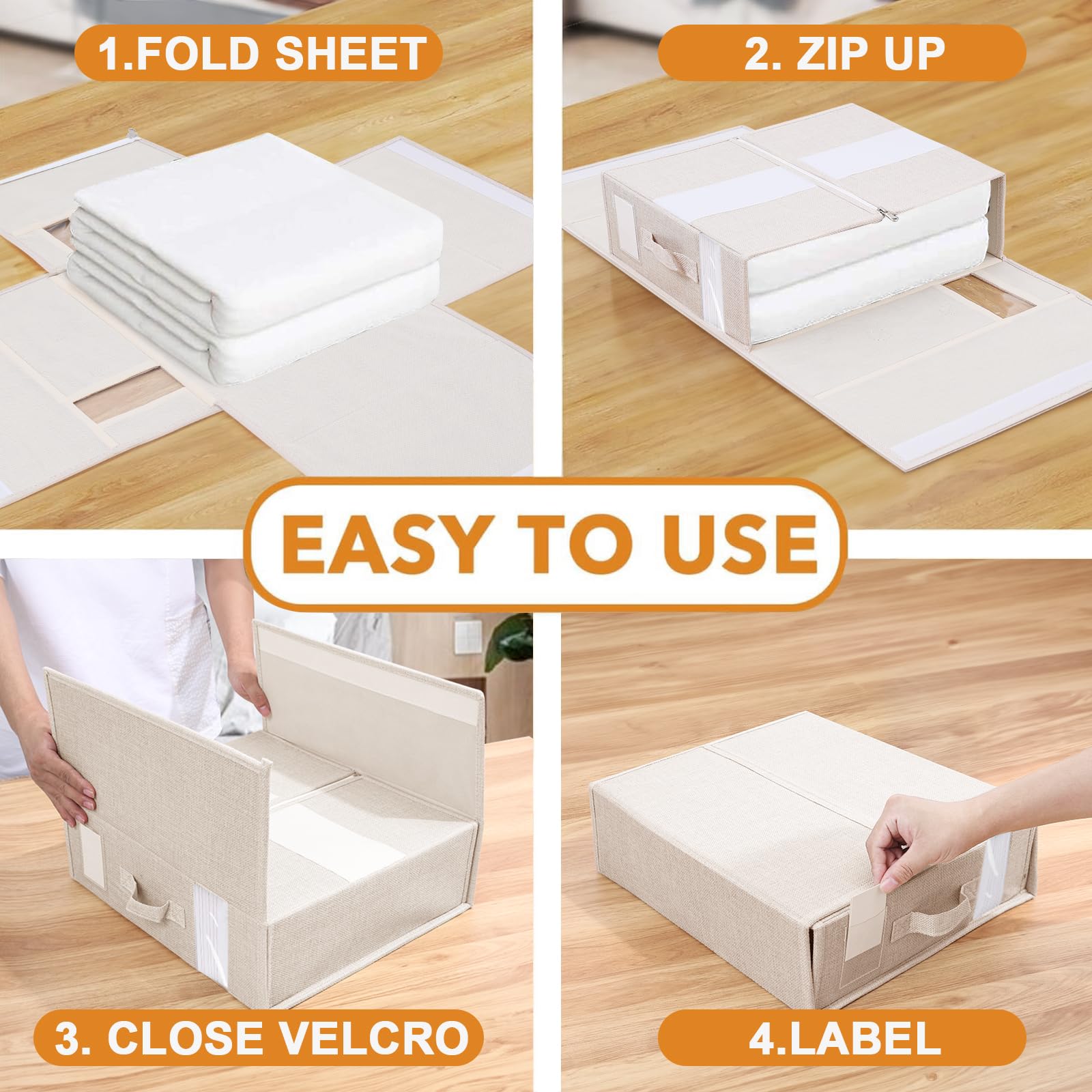 Organizer per lenzuola, contenitore pieghevole per coperte, biancheria da letto, armadio con 2 finestre visive, organizer per lenzuola, vestiti e coperte (beige