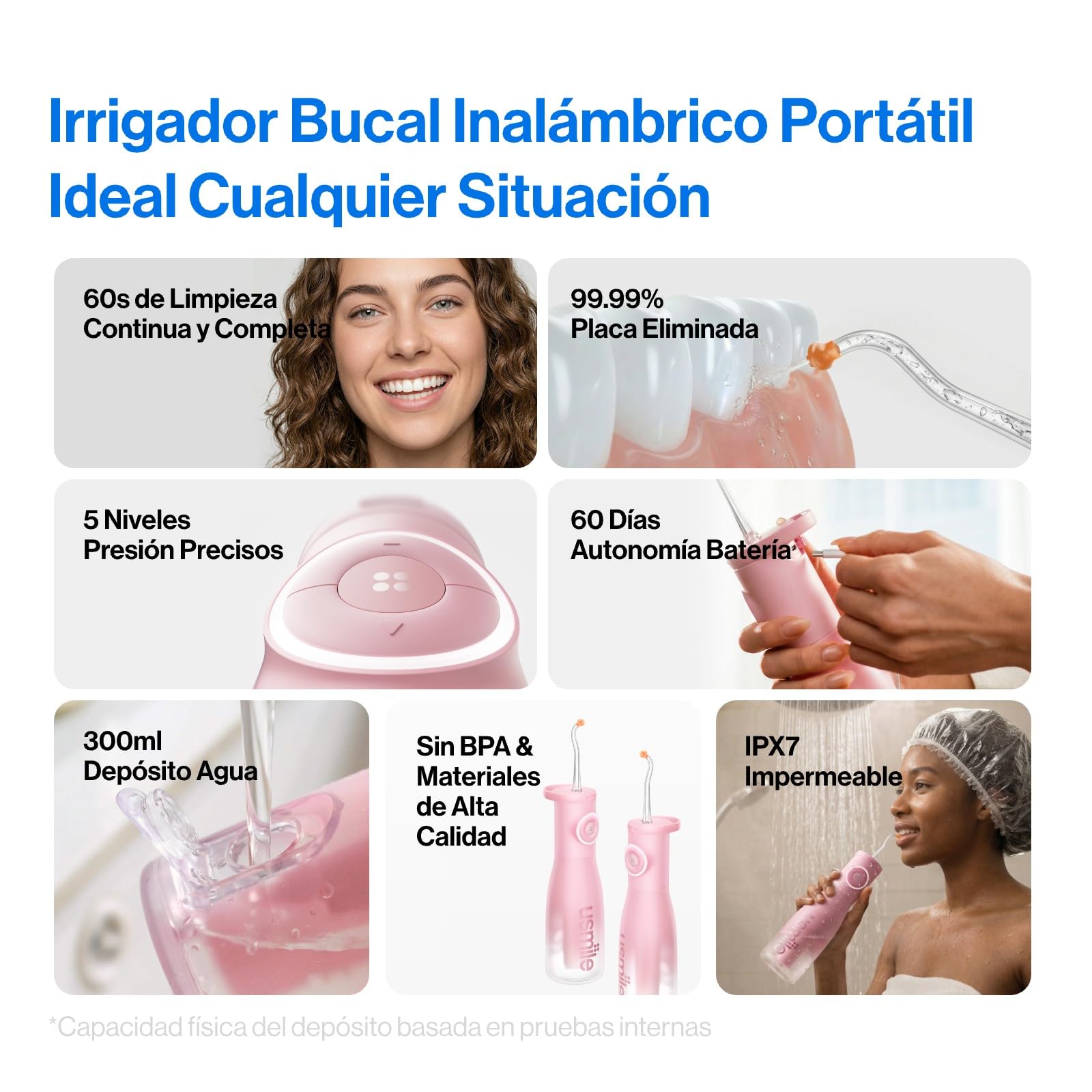 usmile C30 Irrigador Dental Portátil Inalámbrico, Depósito de 300 ml, 5 Niveles de Presión, Boquillas para Ortodoncia e Invisalign, Recargable USB-C, IPX7 Impermeable, Rosa