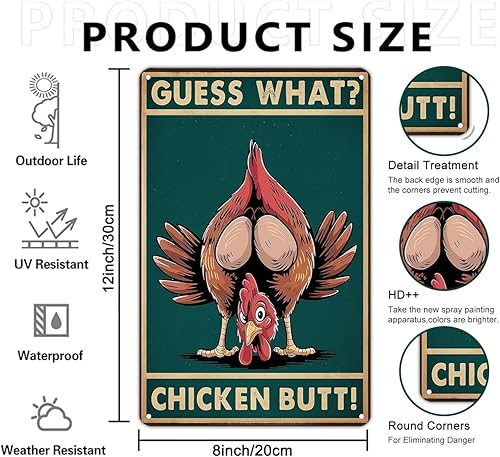 Miniatura 2 de Letrero divertido de pollo con texto en inglés Guess What (Guess What) para el hogar, granja, gallinero, cocina, jardín, patio, decoración de 8 x 12