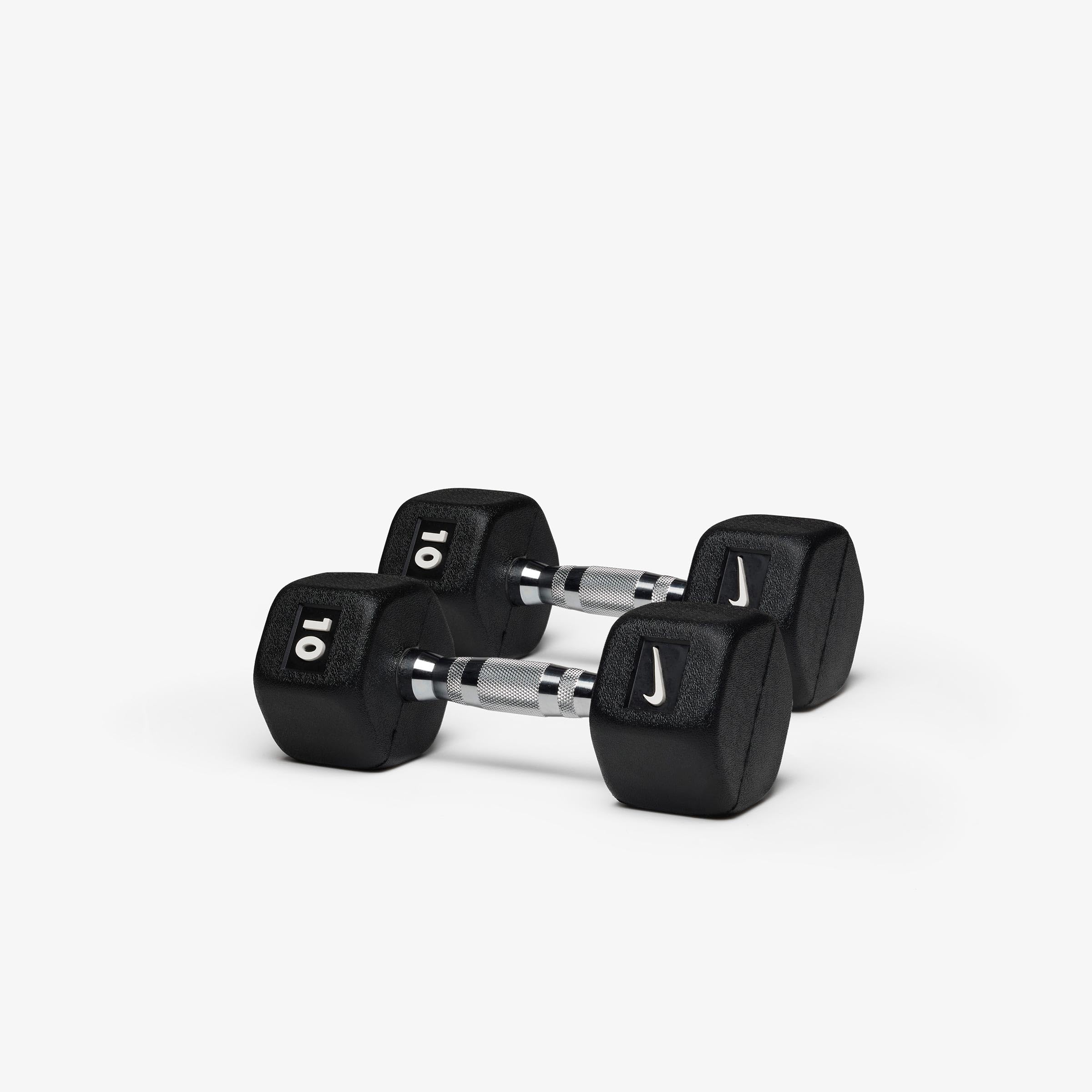 View 1 of ***STOCK PHOTO FOR REFERENCE ONLY***
Nike 10 lb Rubber Coated Hex Dumbbell Free Weight for Home Gym Strength Training, Anti-Roll for Exercise Stability - Pair | Black/White