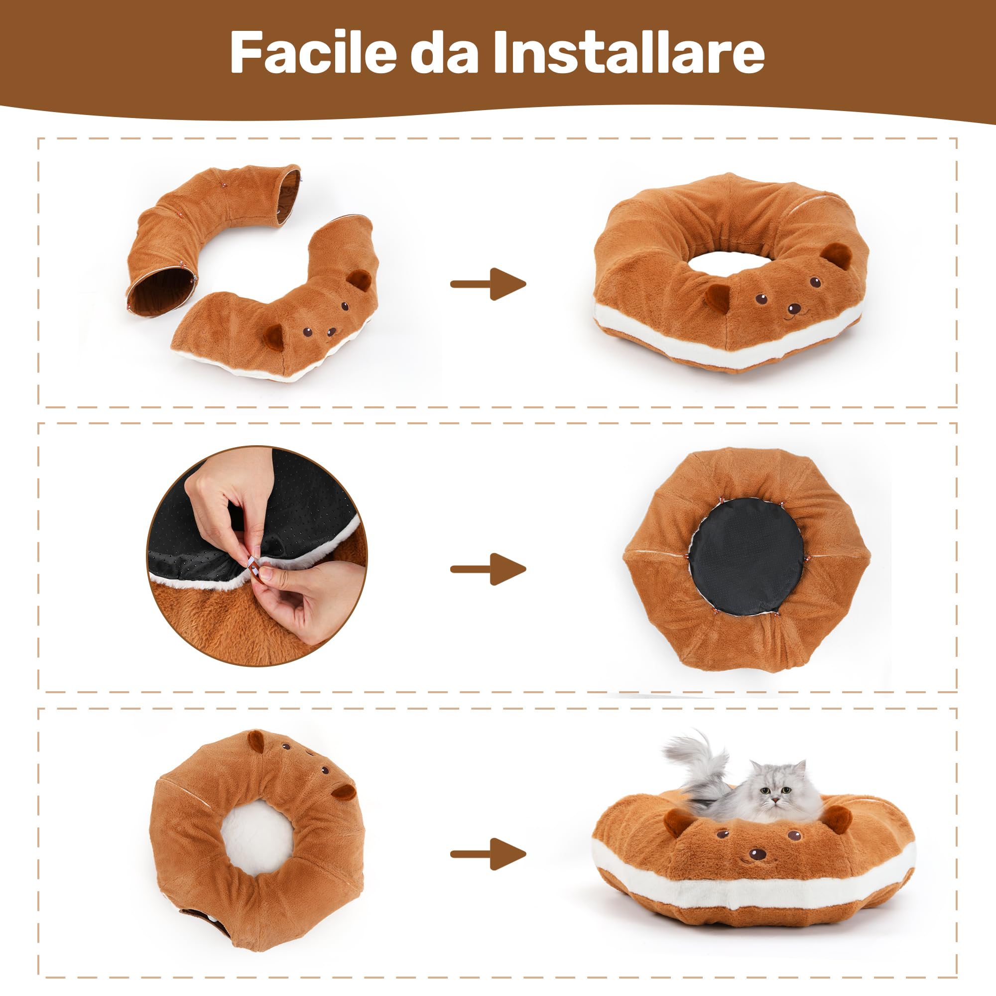 FUKUMARU Tunnel per Gatti,Cuccia Pieghevole XL Con Orecchie di Carta Increspata,Cuscino Lavabile,Tunnel Rotondo a Forma di Ciambelle per Animali Domestici,Giocattolo per Gattini e Conigli,