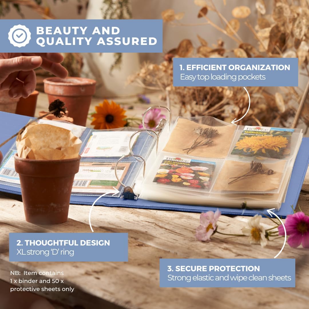 WILDGOOSE Seed Storage Organizer Binder - Seed Packet Organizer with 50 Pack Sheet Protectors That Stores 200 Seed Envelopes. (Blue)