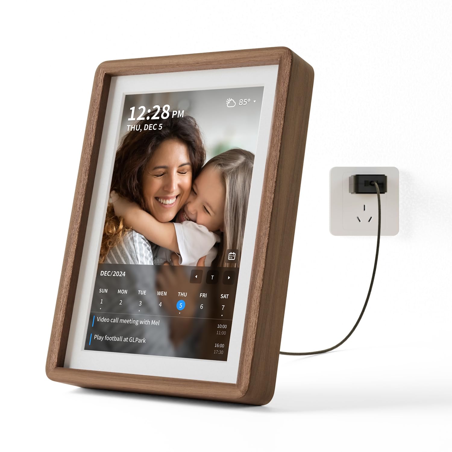 SyncGo 10-Inch Smart Digital Calendar & Photo Frame (Black Walnut)- Wi-Fi, Google/Apple Calendar Sync, Voice Reminders for Parents
