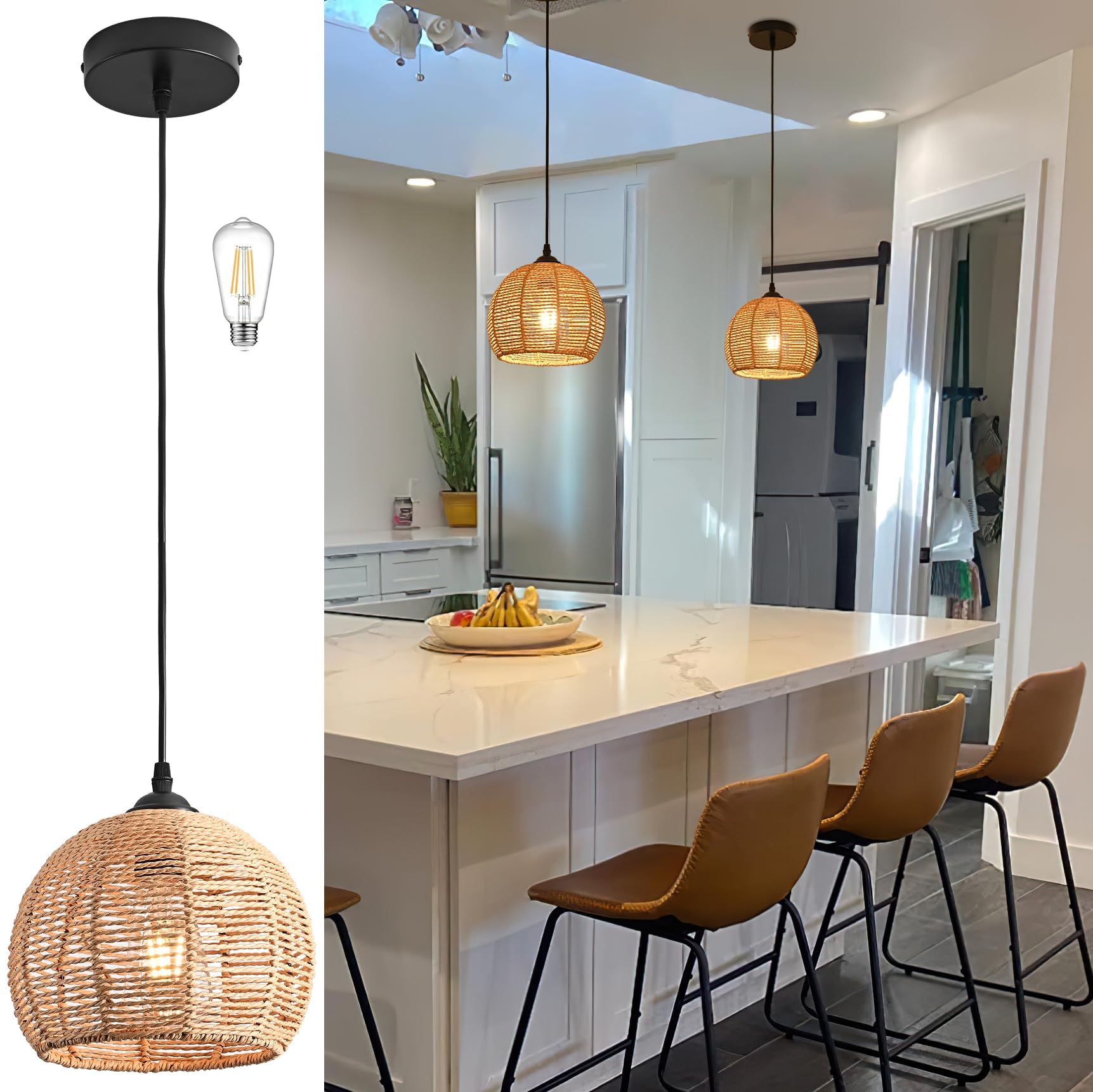 AyshwillDec Mini Hemp Rope Woven Pendant Light Woven Light Fixture Boho Chandelier Light Fixture Wicker Pendant Light Rattan Light Pendant Dome Wicker Chandelier for Bedroom Kitchen Island(Bulb Incl.)