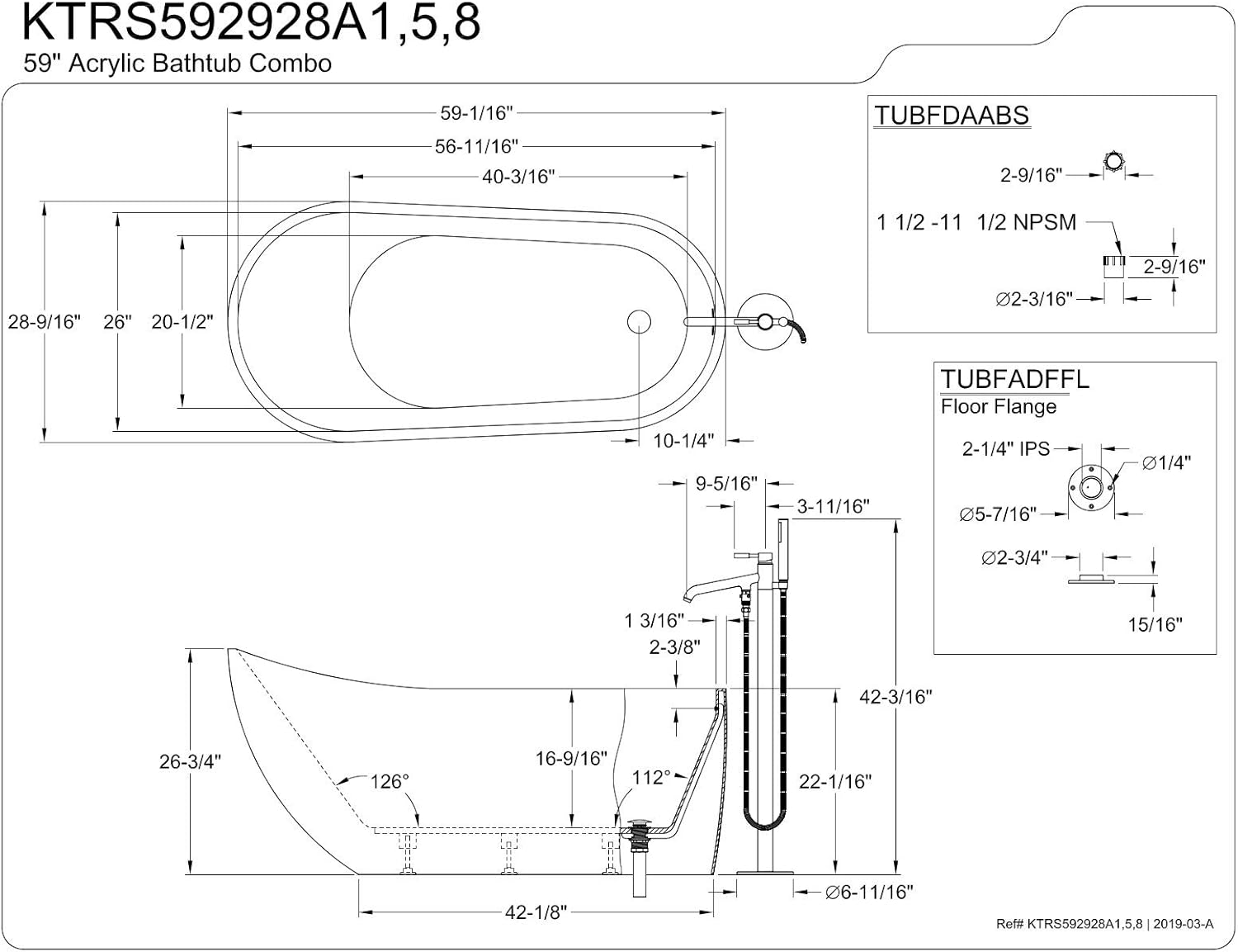 Aqua Eden 59-Inch Acrylic Freestanding Tub with Faucet Combo, White/Polished Chrome