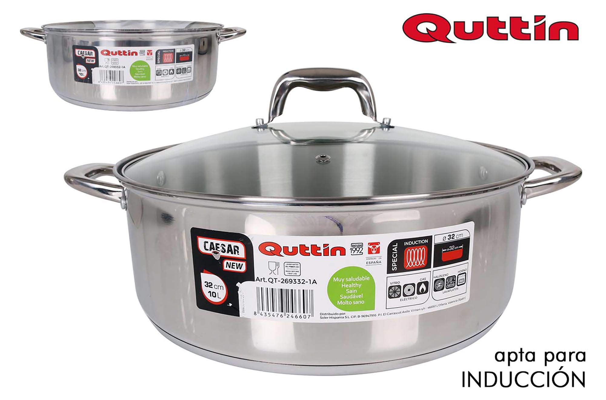Quttin | Cacerola Profesional New Caesar de Inducción para Cocina y Horno | Cacerola Grande de Acero Inoxidable Antiadherente con Tapa de Cristal y Asas | 32 cm/10 L | Apta para Todo Tipo de Cocinas