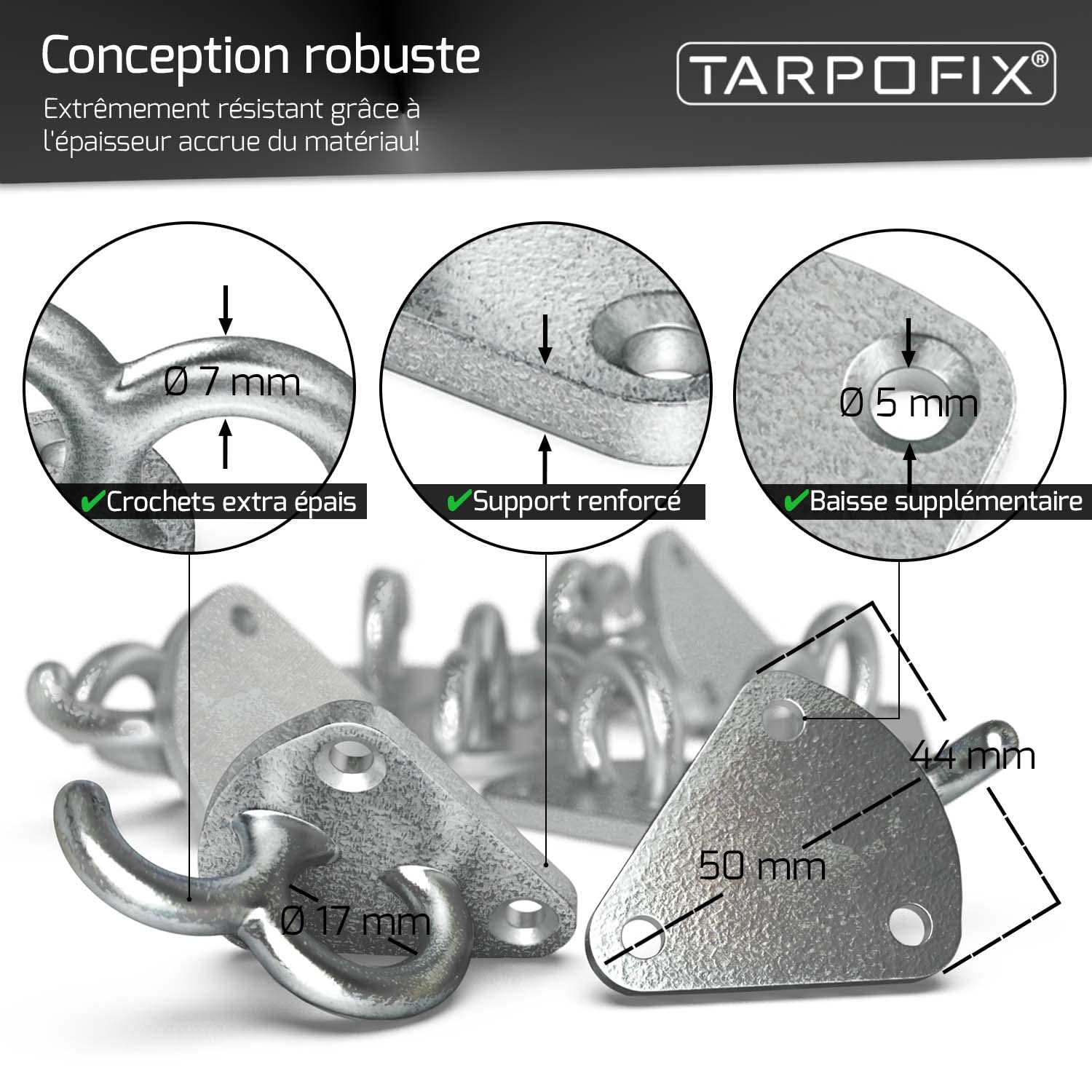 Tarpofix® Crochet arrimageà trois trous rivets incl. pour bâche de remorque & filet de remorque (10 pcs) | Accessoire pour remorque à trois trous en fonte galvanisée - anneau d'arrimage à trois trous