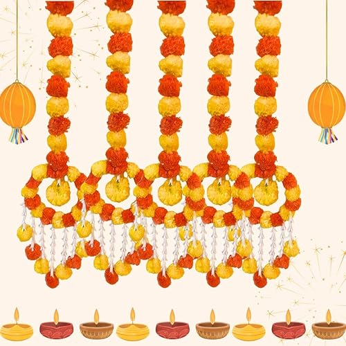 Miniatura 3 de Auraecom - 2 guirnaldas de flores artificiales de caléndula de 5 pies de largo con anillo para decoración tradicional india, guirnalda de caléndula