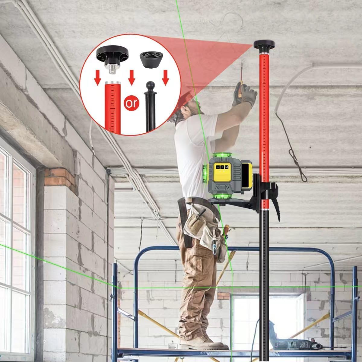 Barra di livellamento laser telescopica con treppiede estensibile fino a 4,2 m con supporto laser da 1/4" x 20", con dado adattatore 5/8"-11, rosso