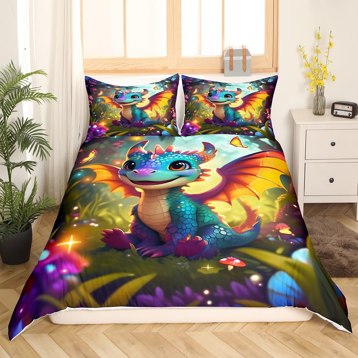 Parure de lit dragon housse de couette champignon pour grand lit et chambre enfant