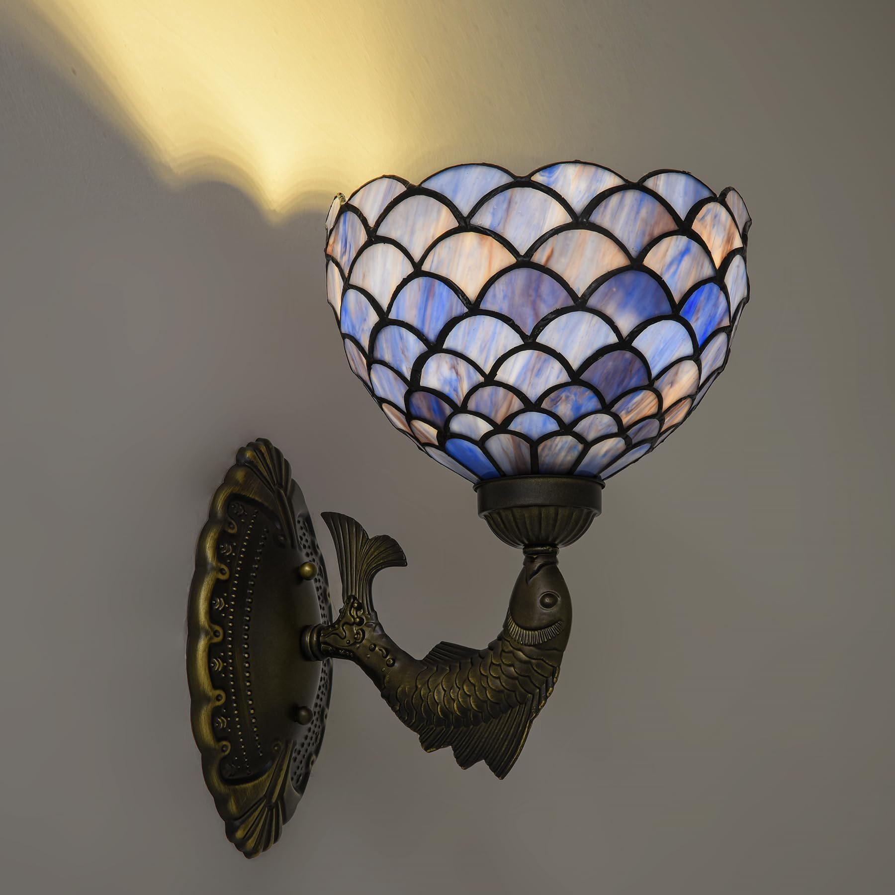 Blue Purple Fish Scales Tiffany Wall Sconce 8" Stained Glass Wall Light with E26 Base Vintage Art Deco Wall Lamp for Bedroom Hallway Living Room Home Office (Blue Purple Fish Scales)