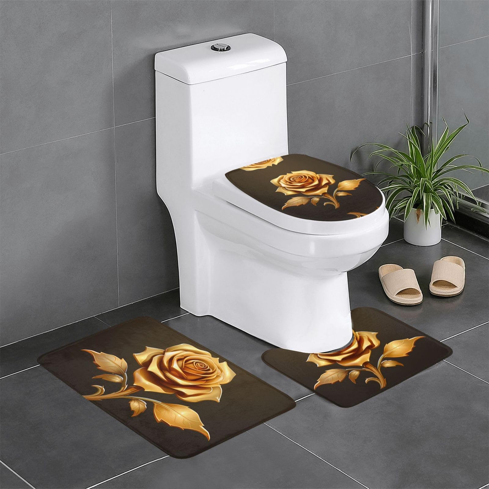 Tapis de salle de bain motif rose doré de forme ovale et rectangulaire