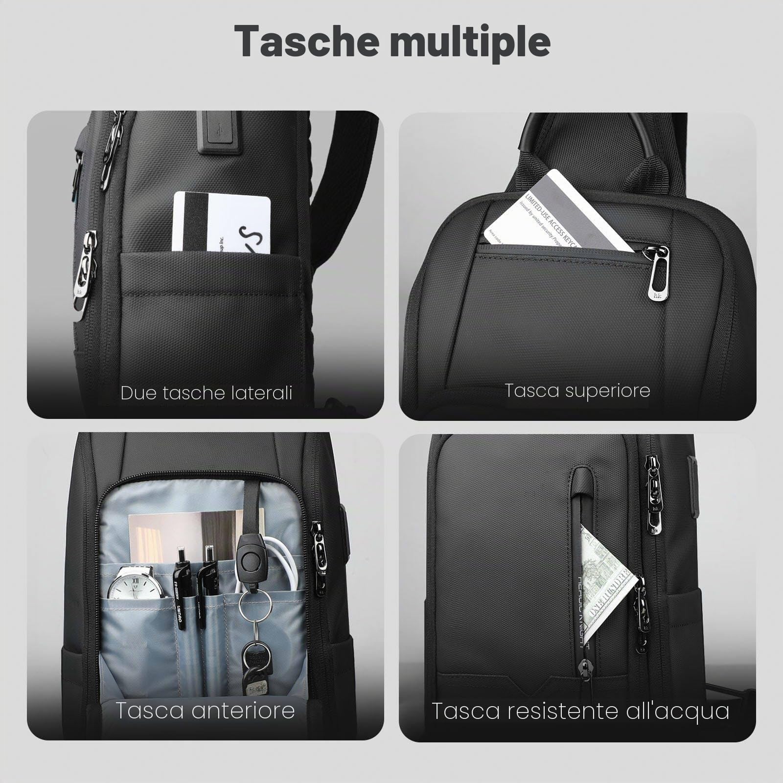 Borsa a Tracolla da Uomo con Porta di Ricarica USB Antifurto e Impermeabile Marsupio Zaino a Tracolla con Tasche Multiple per Viaggi Lavoro e Uso Quotidiano - Nero