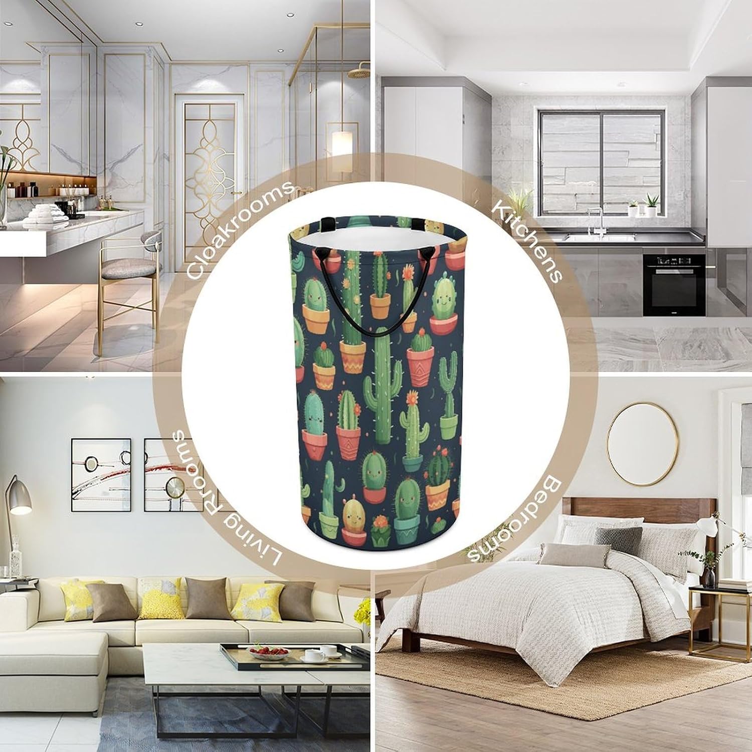 Cute Cactus Seamless Illustration Laundry Hamper with Handles Waterproof Collapsible Laundry Basket Large Lightweight Round Dirty Clothes Hamper for Home Dorm Bathroom Decor