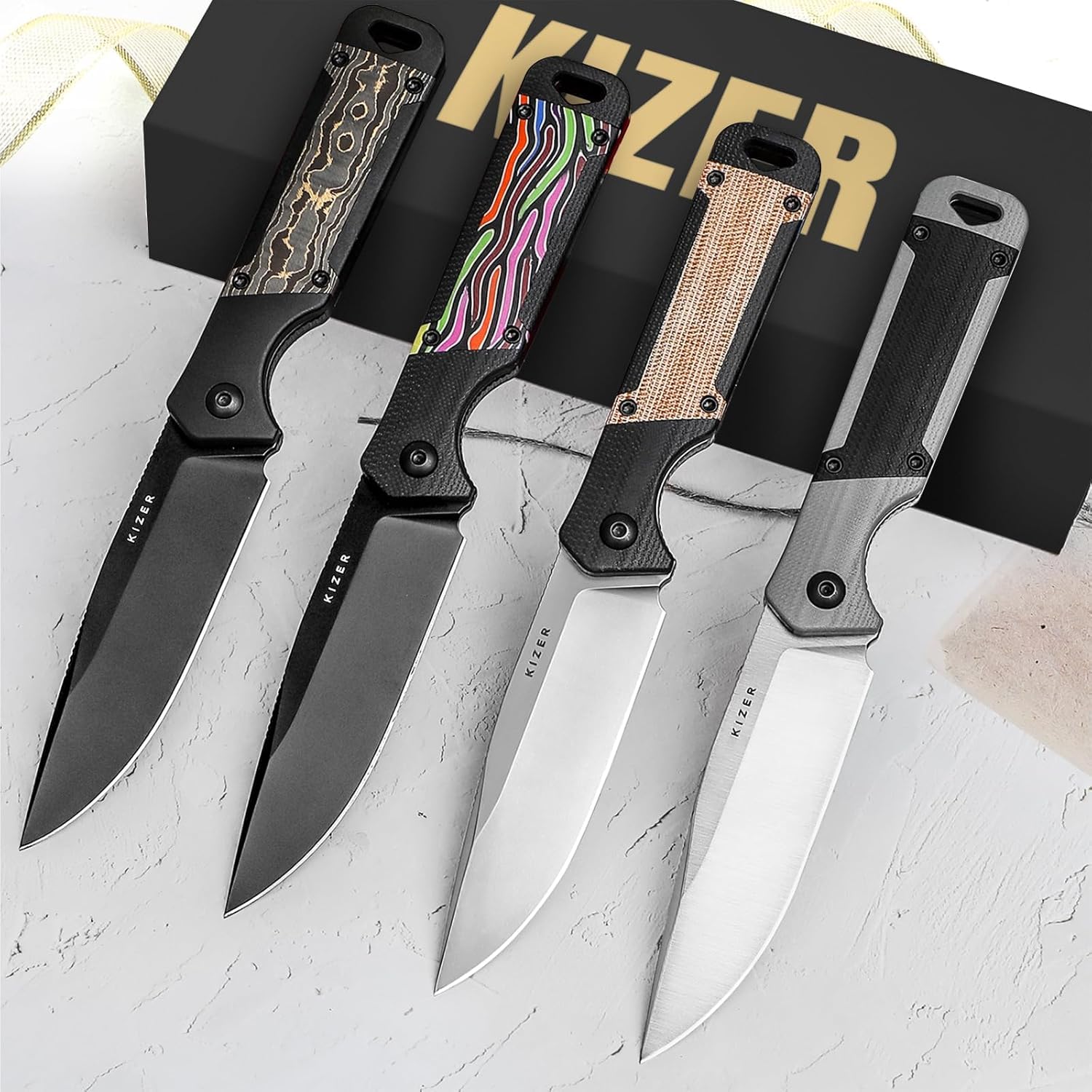 Kizer Militaw Outdoor Survival Feststehende Messer mit Scheide, 1067A2 | 9,7cm Nitro V Blade Jagdmesser Messer mit G10 & Micarta Griff, EDC Bushcraft Messer für Männer Frauen Geschenk