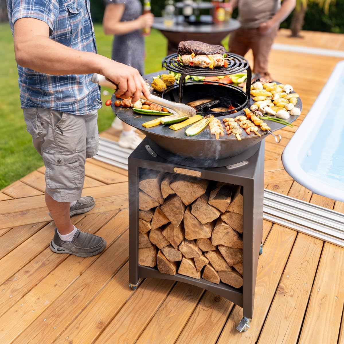 Mon Mobilier Design Fiesta Brasero Haut avec Plaque et Grille Amovible en Acier Barbecue plancha extérieur Ø 75 cm