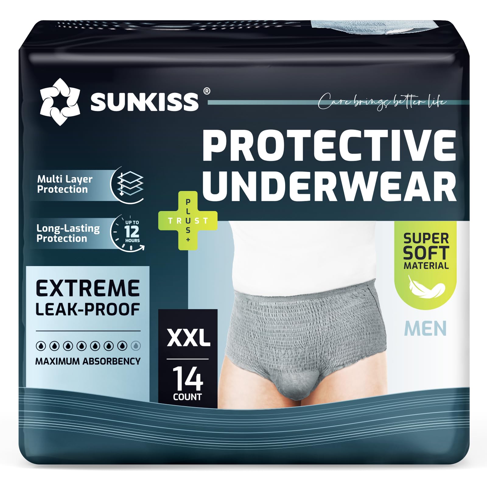 SUNKISS Super Soft Incontinence Underwear for Men, Daytime Disposable Adult Pull Ups, Mens Protective Diapers with Maximum Absorbency, XXLarge, Grey,