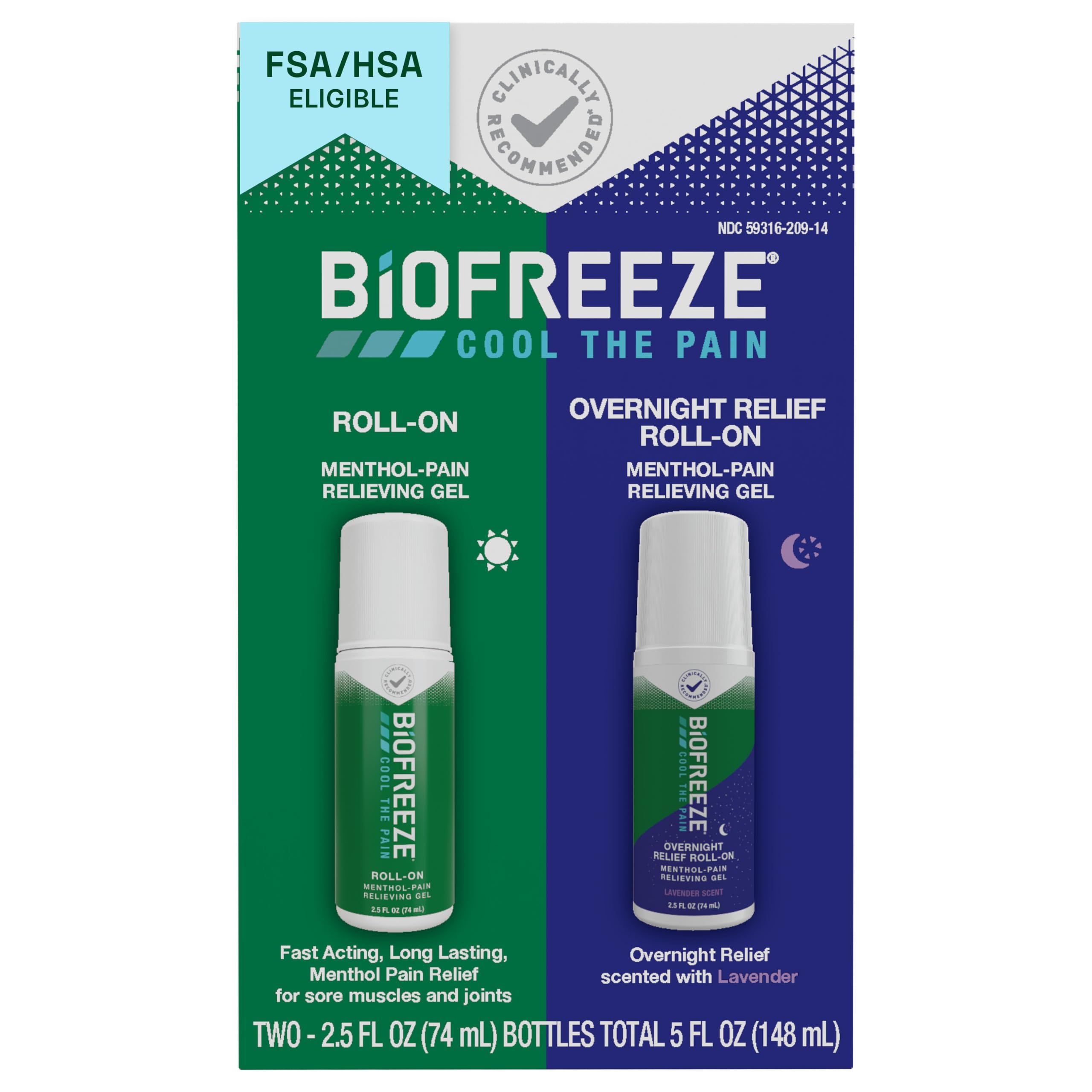 Biofreeze Pain Relief Roll On Day/Overnight Combo Pack, 2x2.5 FL OZ