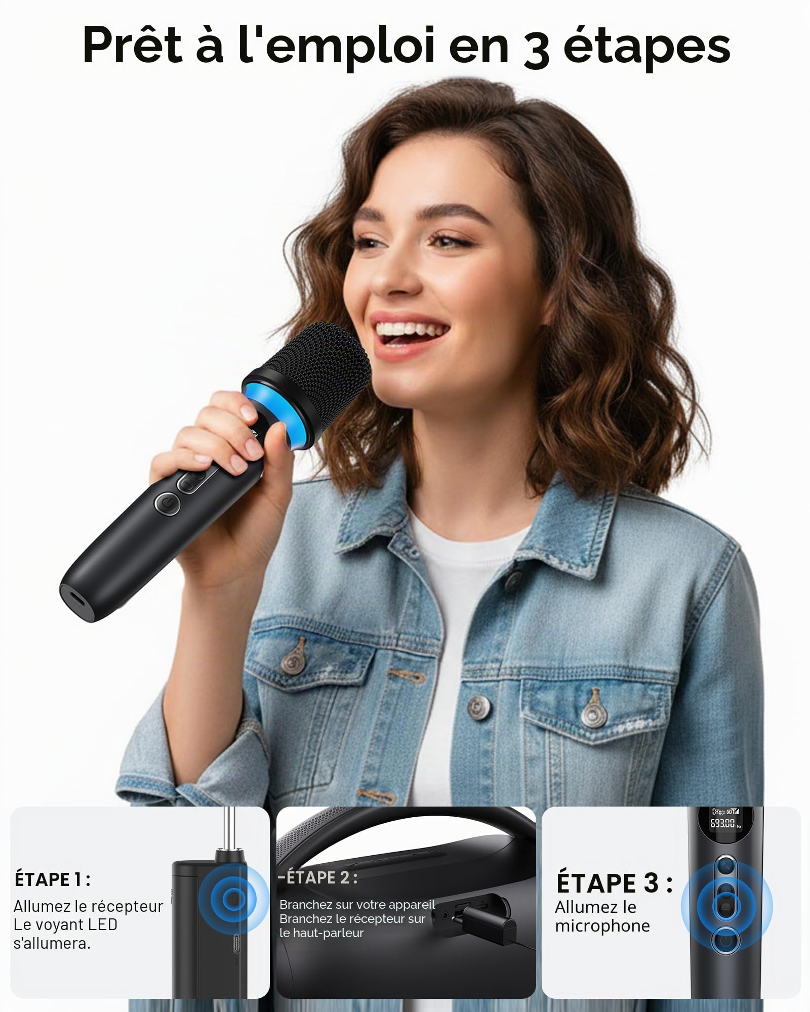 Microphone sans fil, système à double microphone avec fonction de, mise en sourdine par simple pression, éclairage RVB dynamique. 40h d'autonomie, portée de 200FT. pour les DJ, les mariages le chant .