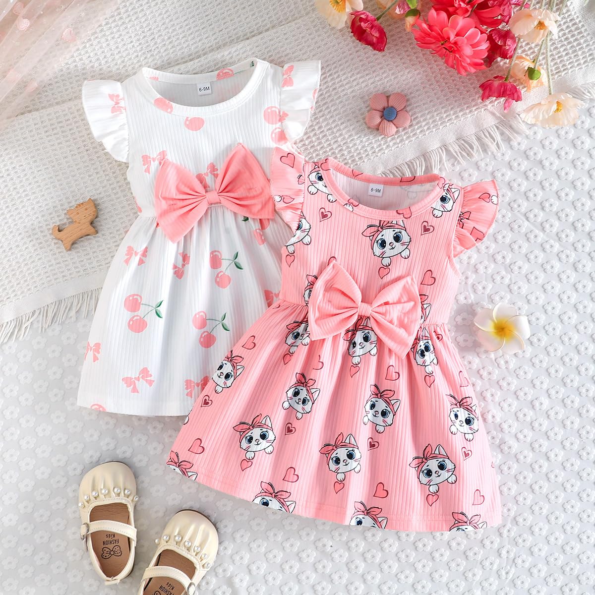 Robe Bébé Fille Imprimée Papillon Nœud Volants sans Manches Robe D'été Mignonne à Pois pour Filles