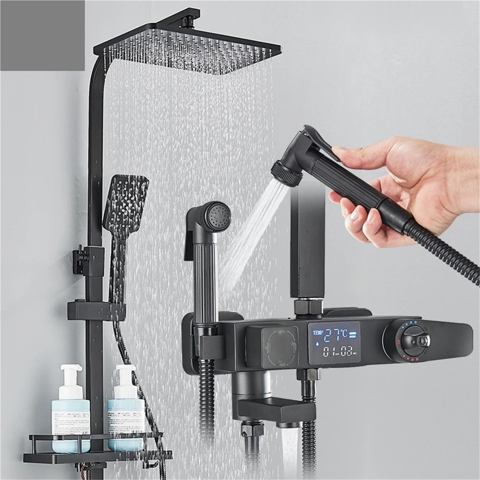 Czarny cyfrowy wyświetlacz termostatyczny kran prysznicowy, 4-drożny termostatyczny bateria łazienkowa z deszczownicą, półką i bateriami bidetowymi (chrom Thermostatic)