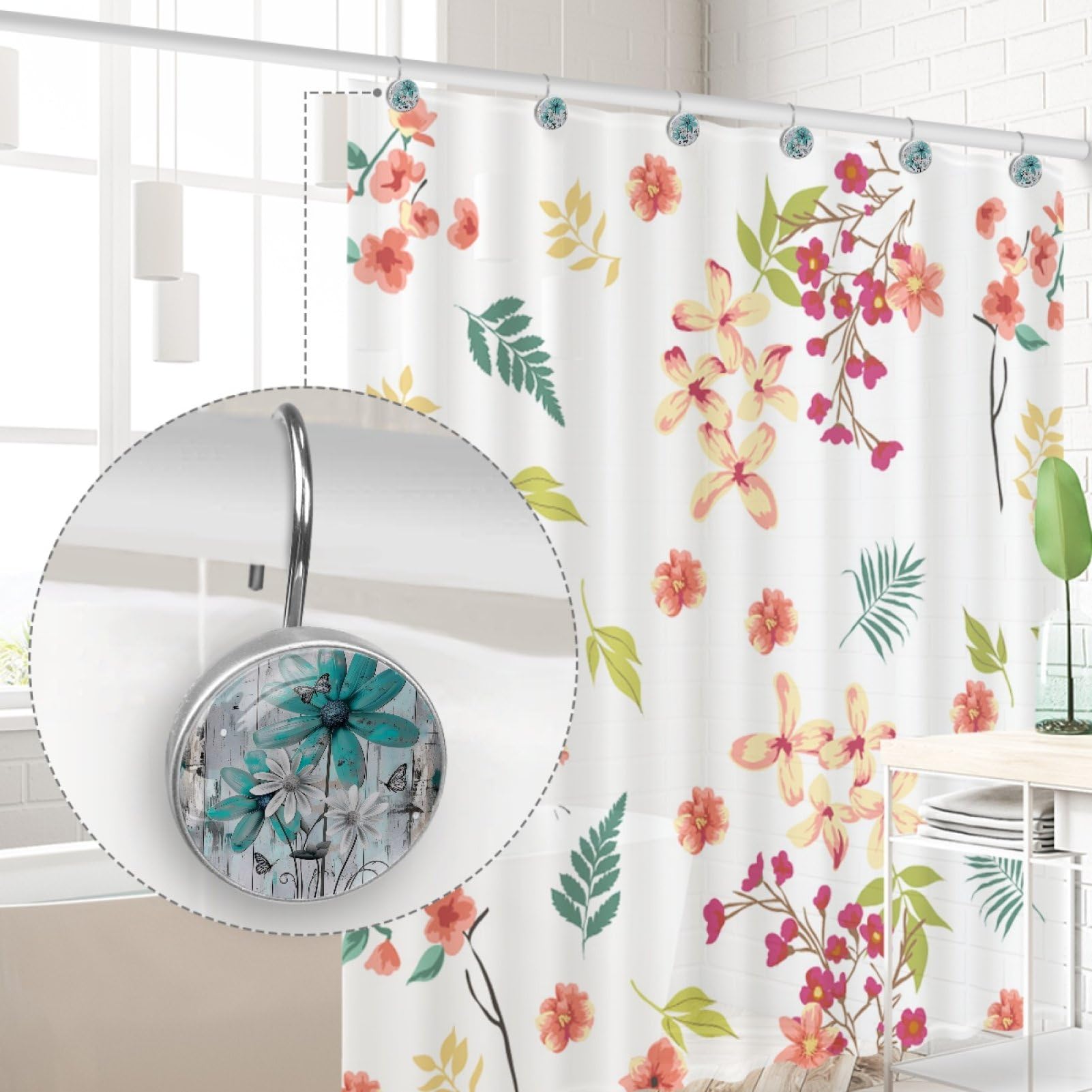 Lot de 12 crochets de rideau de douche en forme de marguerite sur planche bleu sarcelle, anneaux décoratifs pour salle de bain, résistants à la rouille