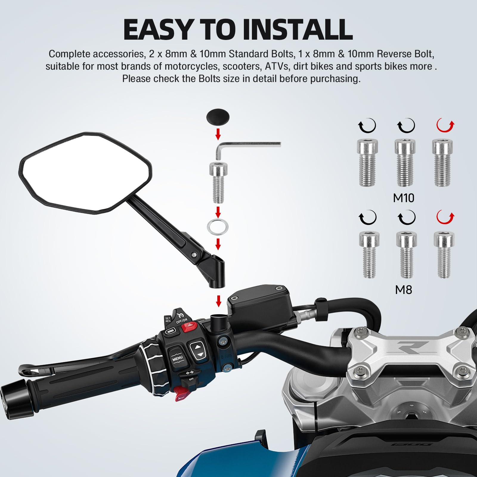 DREAMIZER Specchietto laterale per moto da 8mm e 10mm, Specchietti Retrovisori per moto Compatibili con XJ600 MT03 MT07 TMAX Z1000 Z750 CB250F CRF250 XL700 GSR600 VZR1800