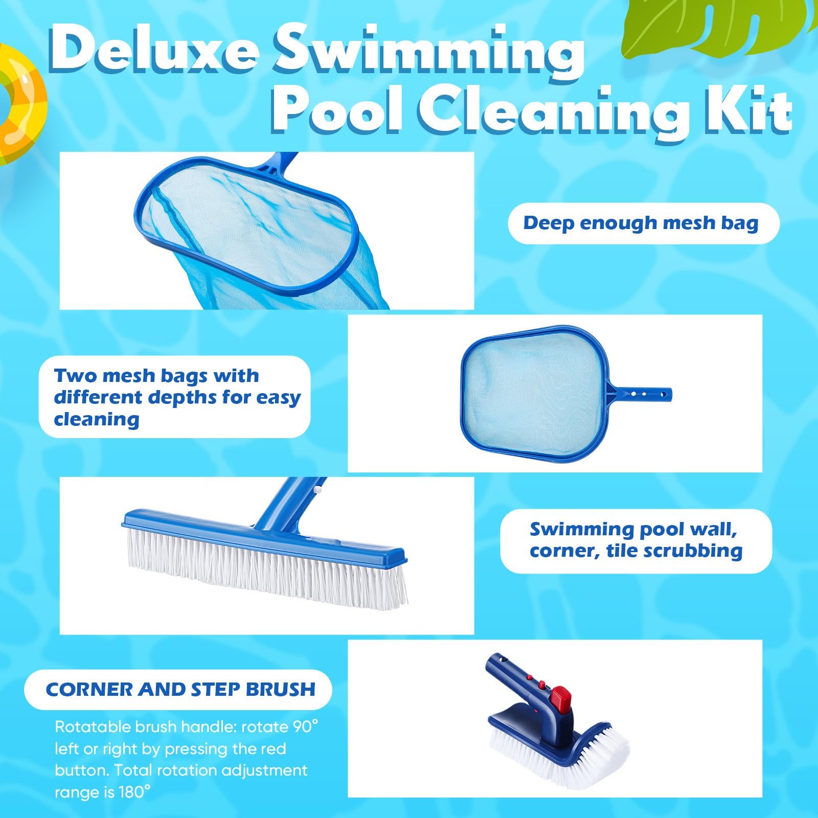 FillTouch Kit de limpieza de piscina de 7 piezas, cepillo de piscina con poste ajustable de aluminio de 5 pies para limpiar las paredes de la piscina, kit de limpieza ideal para piscina sobre el suelo