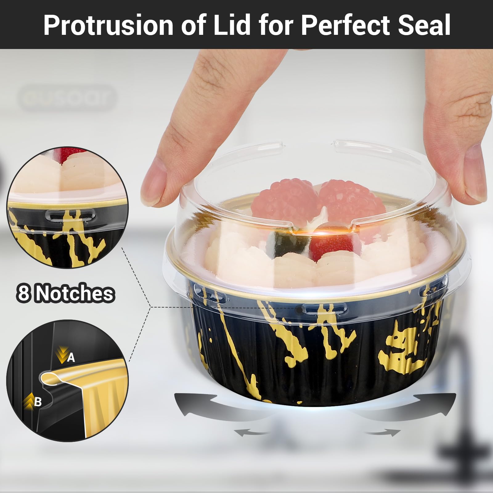 EUSOAR Vasos para hornear con tapas, 100 moldes desechables para tartas de 5 onzas, moldes para hornear magdalenas de crema brulee con tapas, forros desechables para tartas de queso, porción