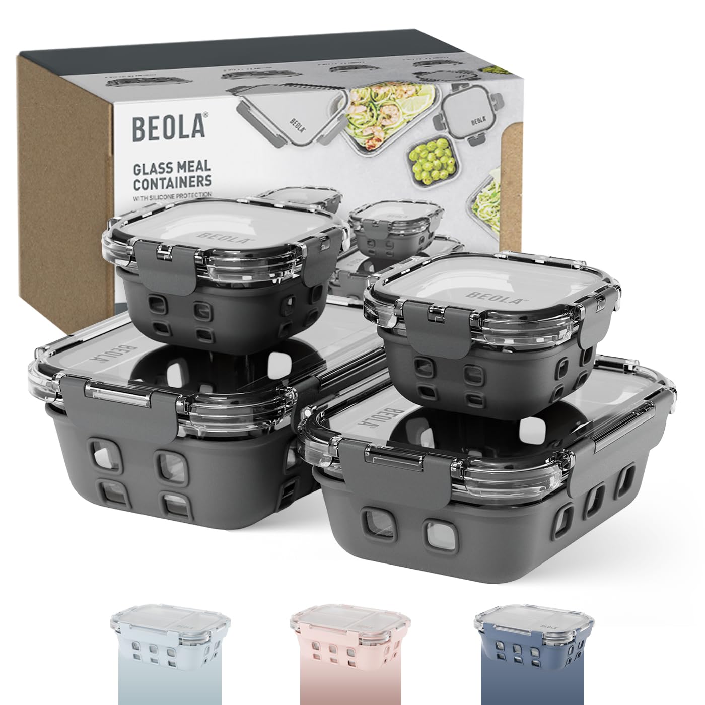 BEOLASet of 4 Glass Food Storage Containers, Lunch Box, with Airtight Lids and Silicone Protection, Leakproof Food Organizer, Freezer, Dishwasher, Microwave Safe, Glass (Lava Gray)